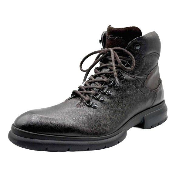 Brand New Salvatore Ferragamo Grey Dark Brown & Black Textured Leather Men Boots - Picture 1 of 12